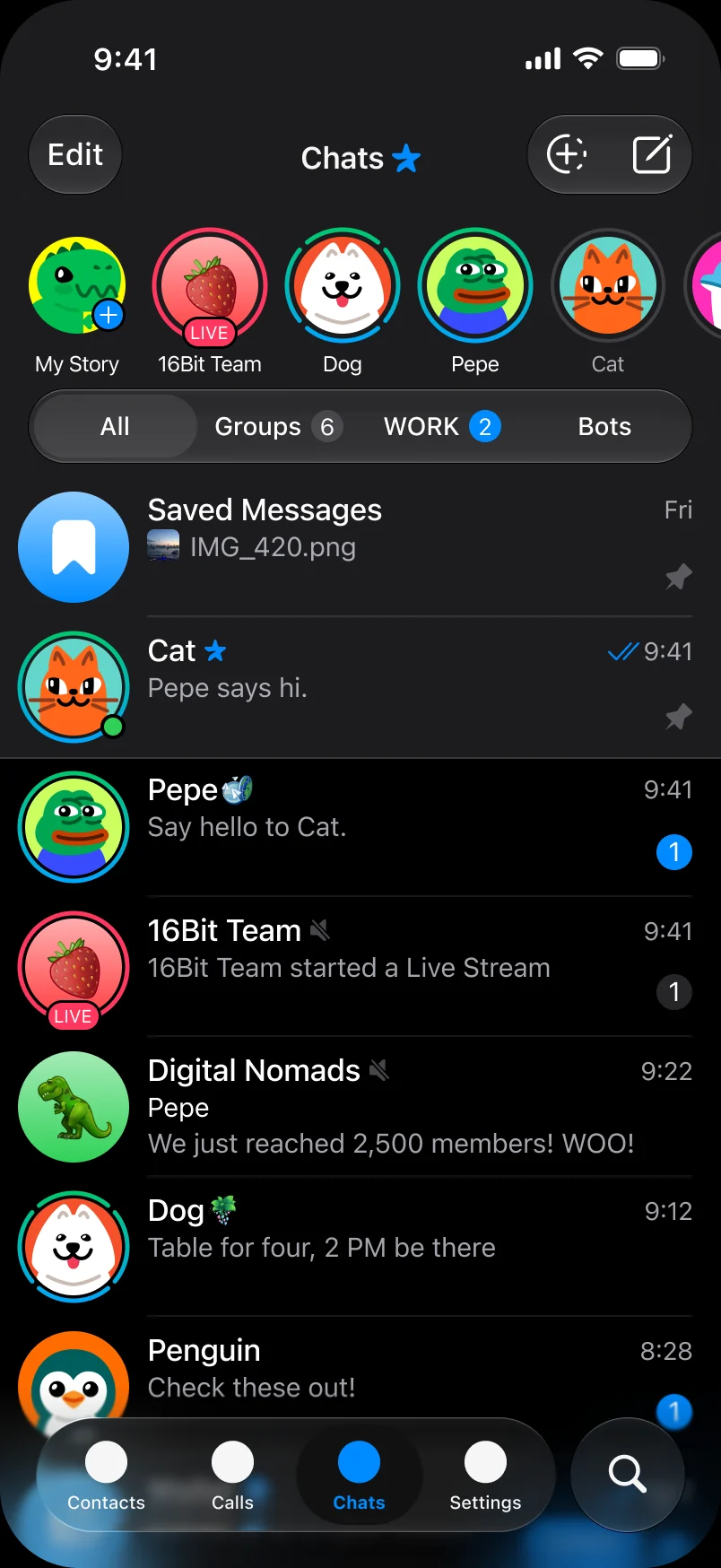 Telegram chat list in an iPhone, square